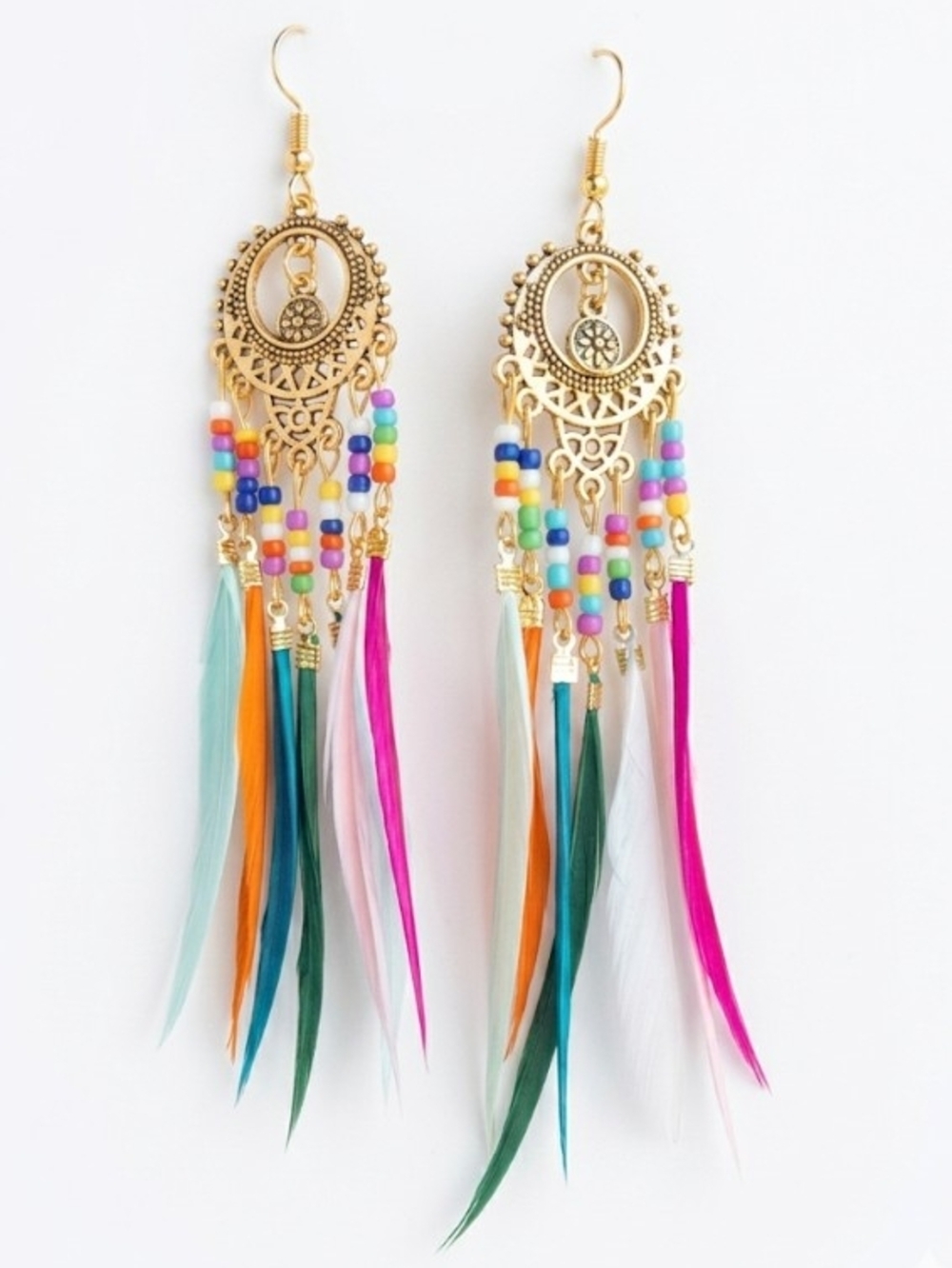 ๐ Vintage Boho Gold Feather Dangle Earrings - Colorful Beaded Drop Fringe